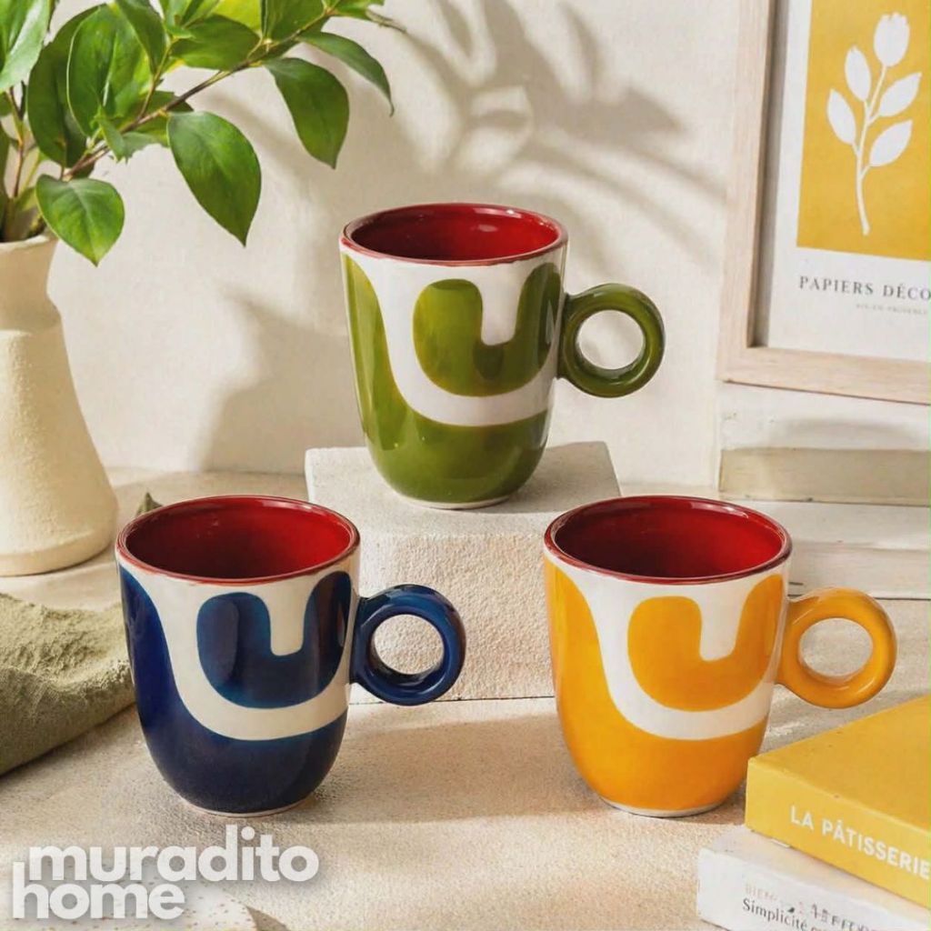 Muraditohome Boudoir Ceramic Deco Kitchenware Vibrant Abstract Cups, Serving Bowl & Oval Platter
