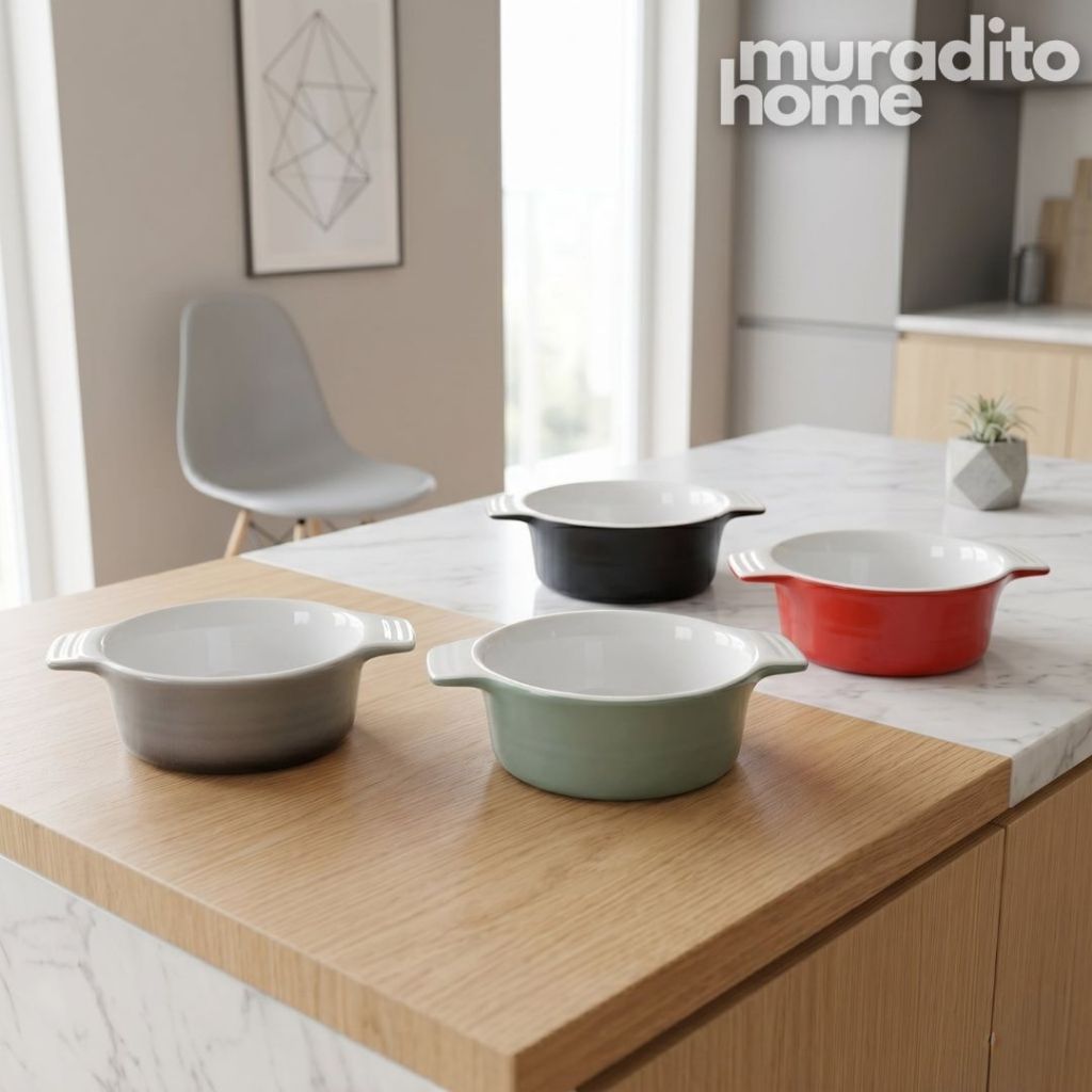 Muraditohome Aesthetic Double Handle Ceramic Bowl 6.75x5x2.5 inches