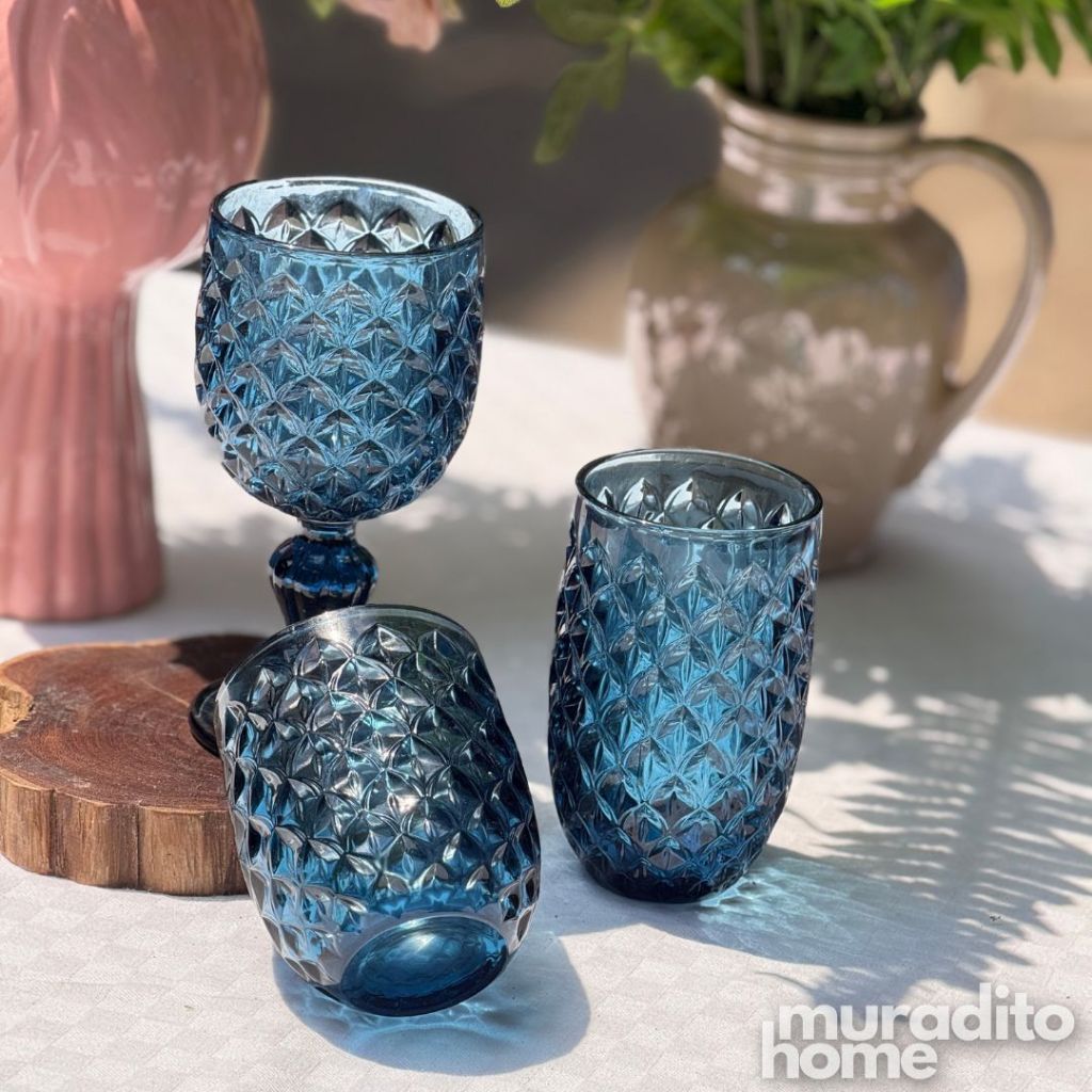 Muraditohome Neytiri Blue Glassware Collection | Premium Vintage Embossed Ocean Blue Glass