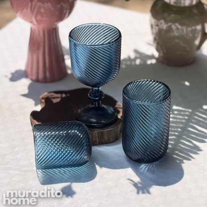Muraditohome Venita Blue Glassware Collection | Premium Vintage Diagonal Swirl Ocean Blue Glass