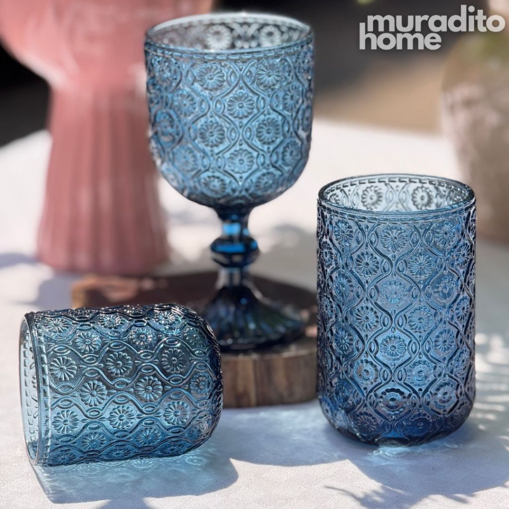 Muraditohome Sokka Blue Glassware Collection | Premium Vintage Floral Medallion Ocean Blue Glass