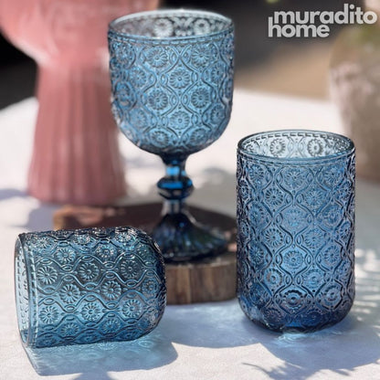 Muraditohome Sokka Blue Glassware Collection | Premium Vintage Floral Medallion Ocean Blue Glass
