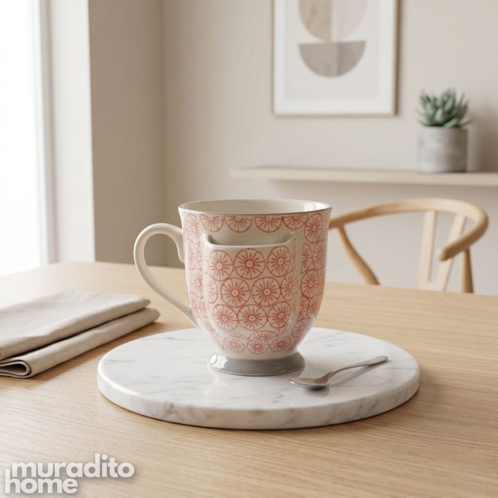 Muraditohome Aesthetic Hand-Stamped Stoneware Mug with Tea Bag Pocket 400ml