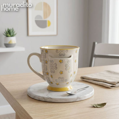 Muraditohome Aesthetic Hand-Stamped Stoneware Mug with Tea Bag Pocket 400ml