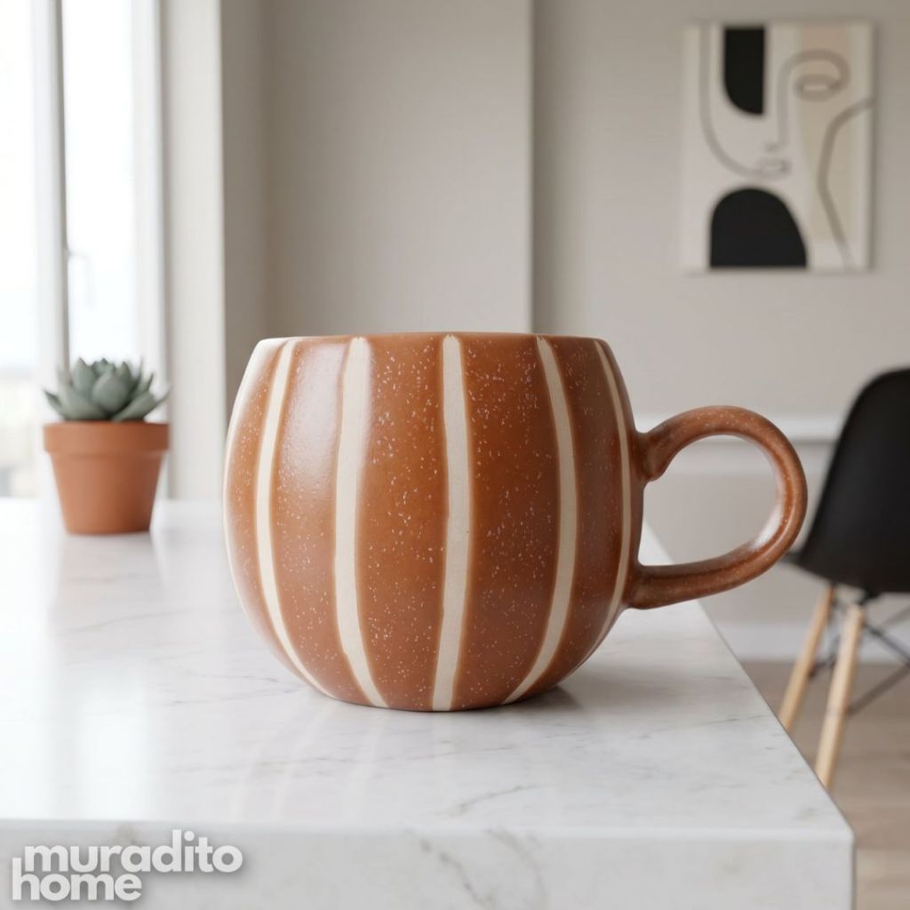 Muraditohome Aesthetic Chubby Ceramic Striped Ribbed Mug 490 ml