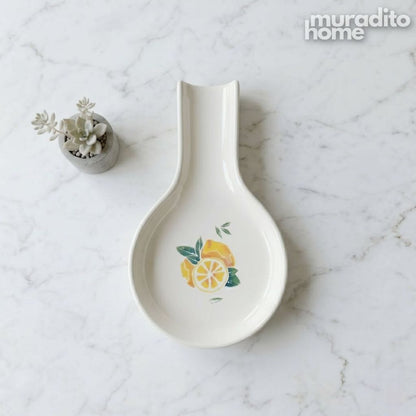 Muraditohome Premium Ceramic Spoon Rest with Fresh Lemon Print 4x6.25 in