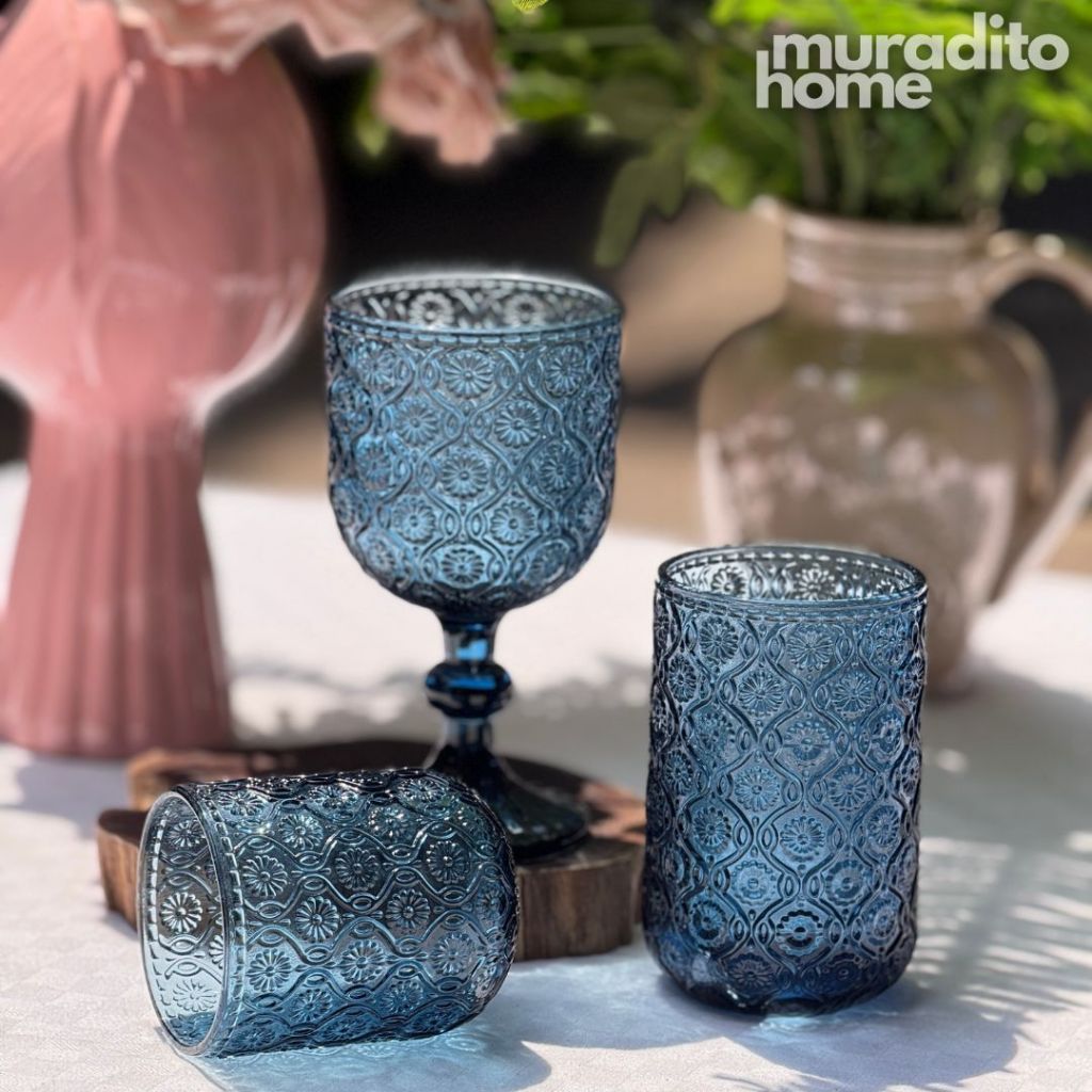 Muraditohome Sokka Blue Glassware Collection | Premium Vintage Floral Medallion Ocean Blue Glass