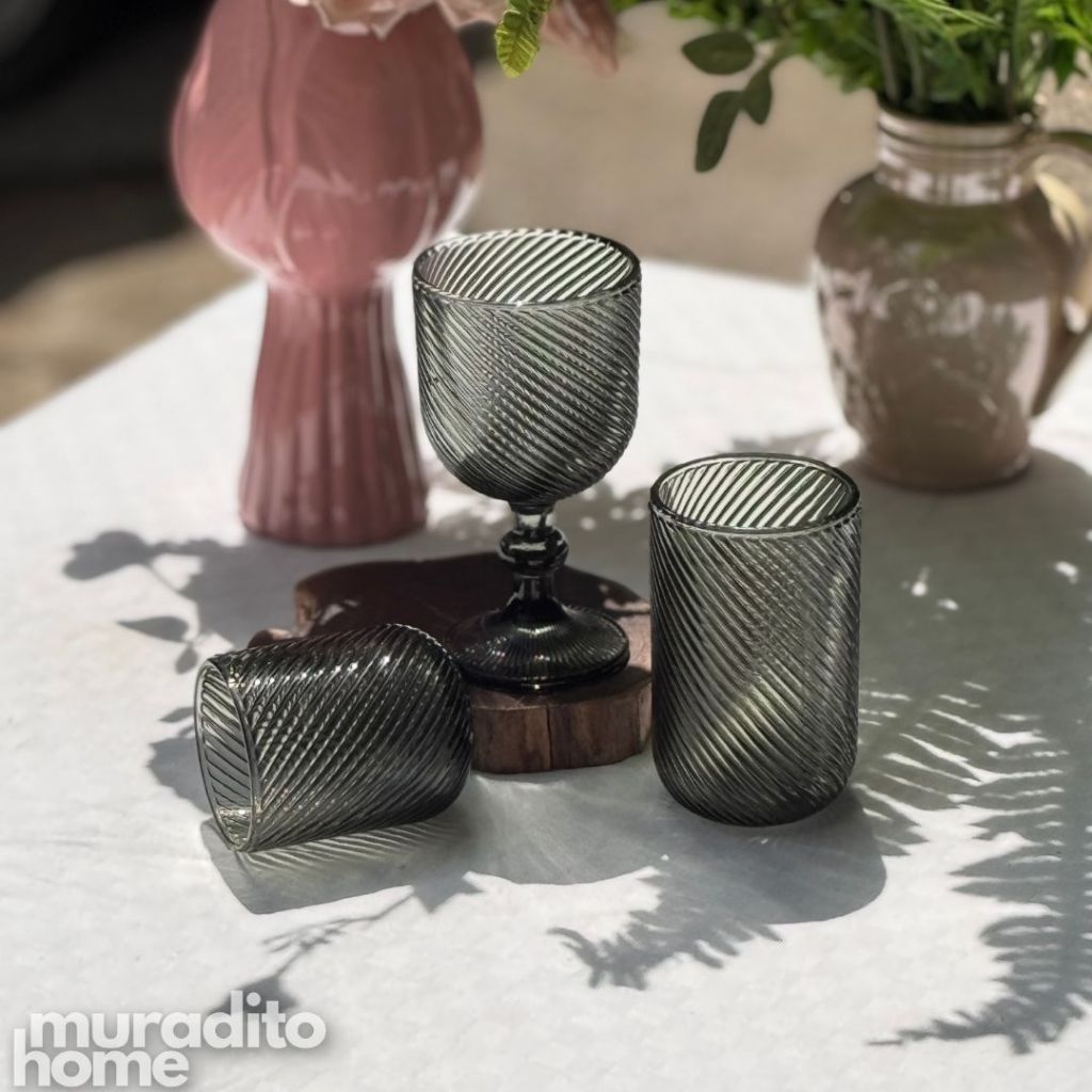 Muraditohome Venita Ash Glassware Collection | Premium Vintage Diagonal Swirl Smoke Grey Glass