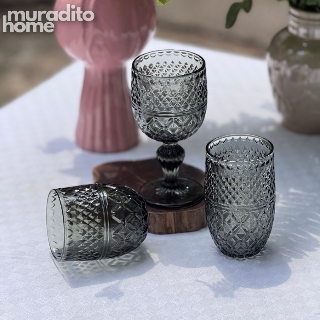 Muraditohome Kuyin Ash Glassware Collection | Premium Vintage Embossed Diamond Smoke Grey Glass