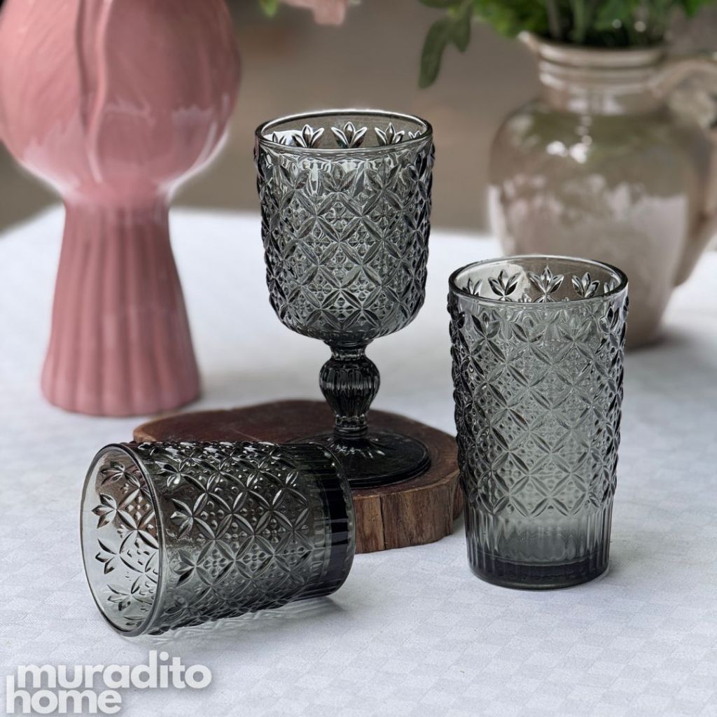 Muraditohome Jinora Ash Glassware Collection | Premium Vintage Embossed Floral Smoke Grey Glass