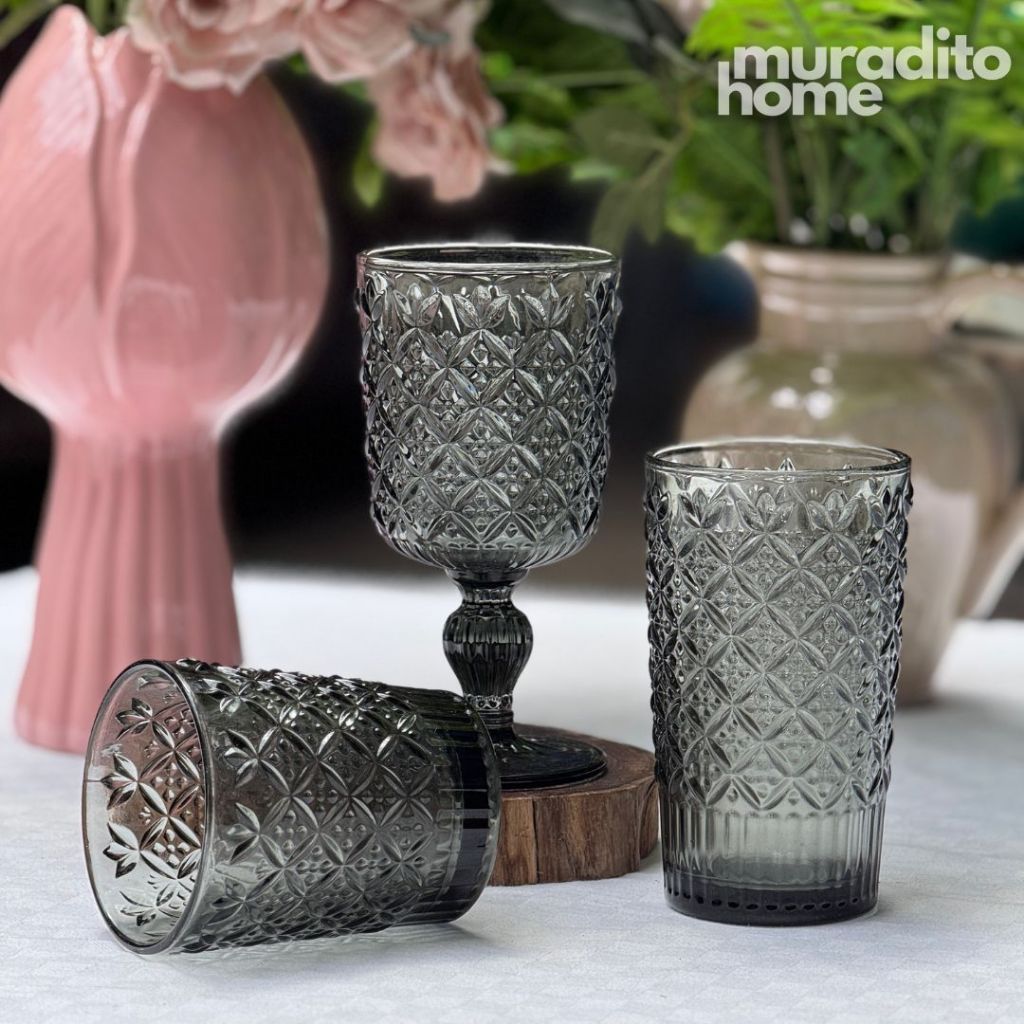 Muraditohome Jinora Ash Glassware Collection | Premium Vintage Embossed Floral Smoke Grey Glass