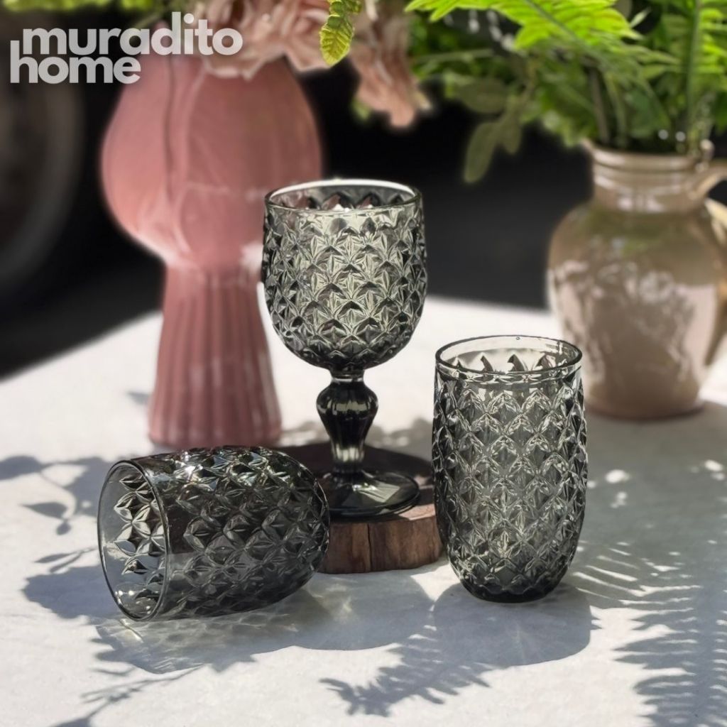 Muraditohome Neytiri Ash Vintage Glassware | Embossed Ash Glass Goblet & Tumblers