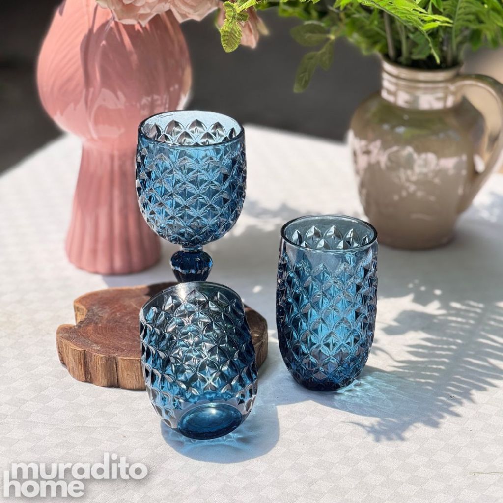 Muraditohome Neytiri Blue Glassware Collection | Premium Vintage Embossed Ocean Blue Glass
