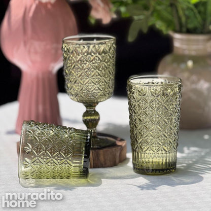 Muraditohome Jinora Moss Glassware Collection | Premium Vintage Embossed Green Glass