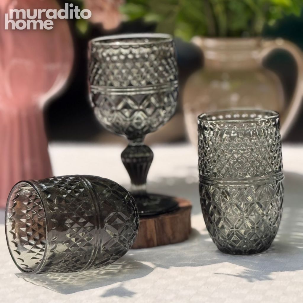Muraditohome Kuyin Ash Glassware Collection | Premium Vintage Embossed Diamond Smoke Grey Glass