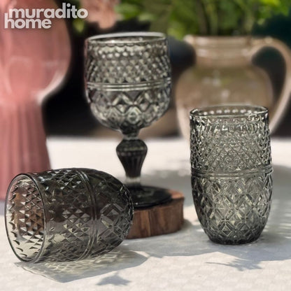 Muraditohome Kuyin Ash Glassware Collection | Premium Vintage Embossed Diamond Smoke Grey Glass
