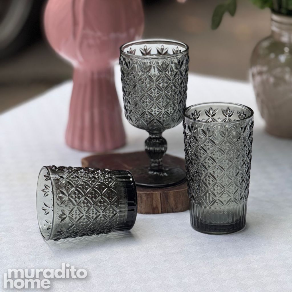 Muraditohome Jinora Ash Glassware Collection | Premium Vintage Embossed Floral Smoke Grey Glass