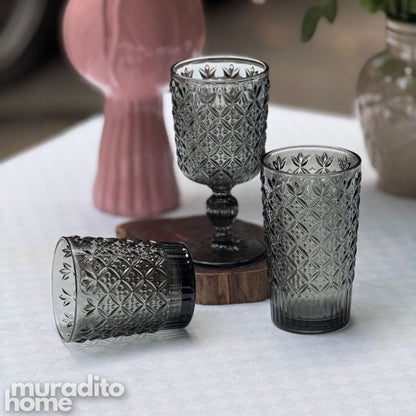 Muraditohome Jinora Ash Glassware Collection | Premium Vintage Embossed Floral Smoke Grey Glass