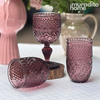 Muraditohome Kuyin Plum Glassware Collection | Premium Vintage Embossed Diamond Purple Glass
