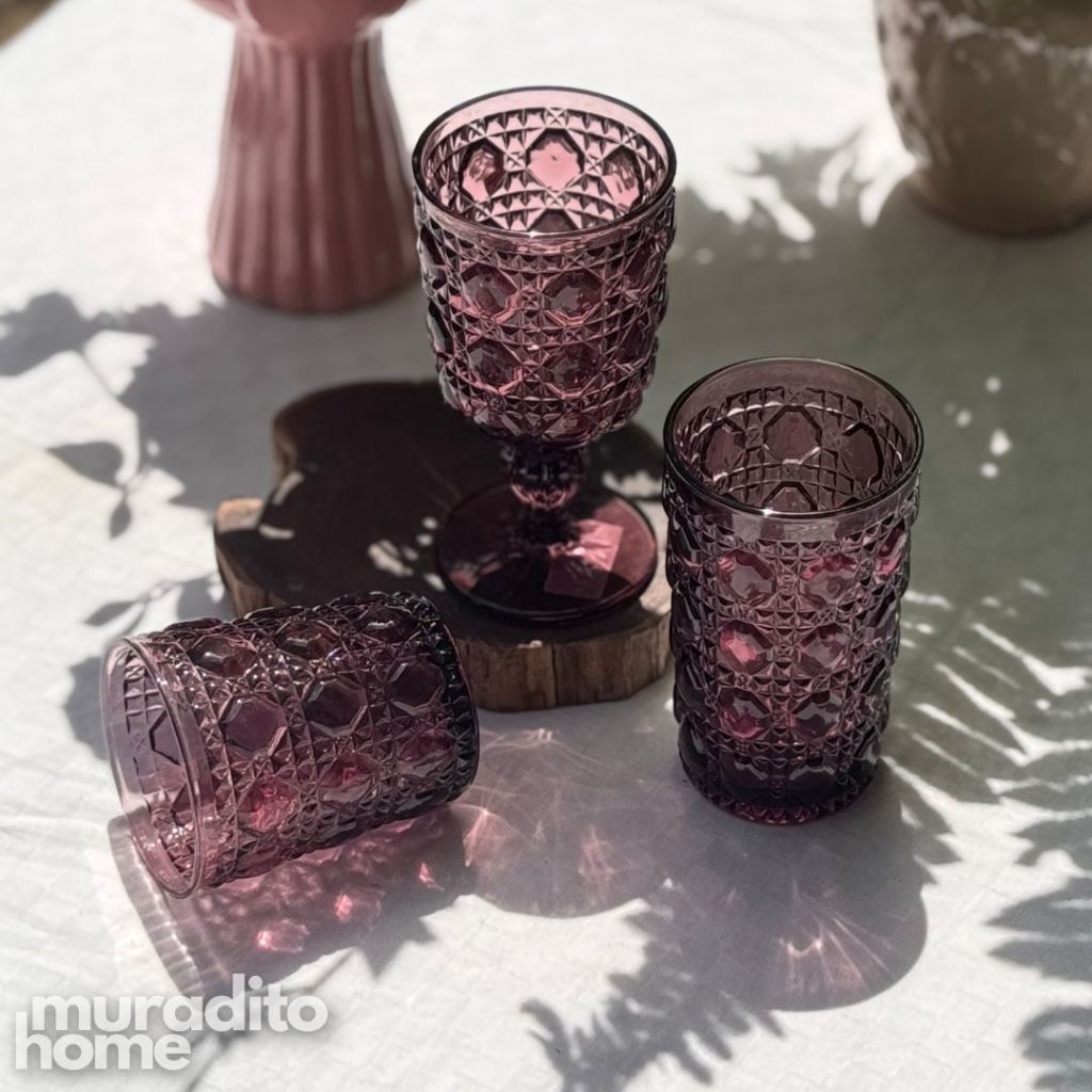 Muraditohome Zurina Plum Glassware Collection | Premium Vintage Jewel Geometric Purple Glass