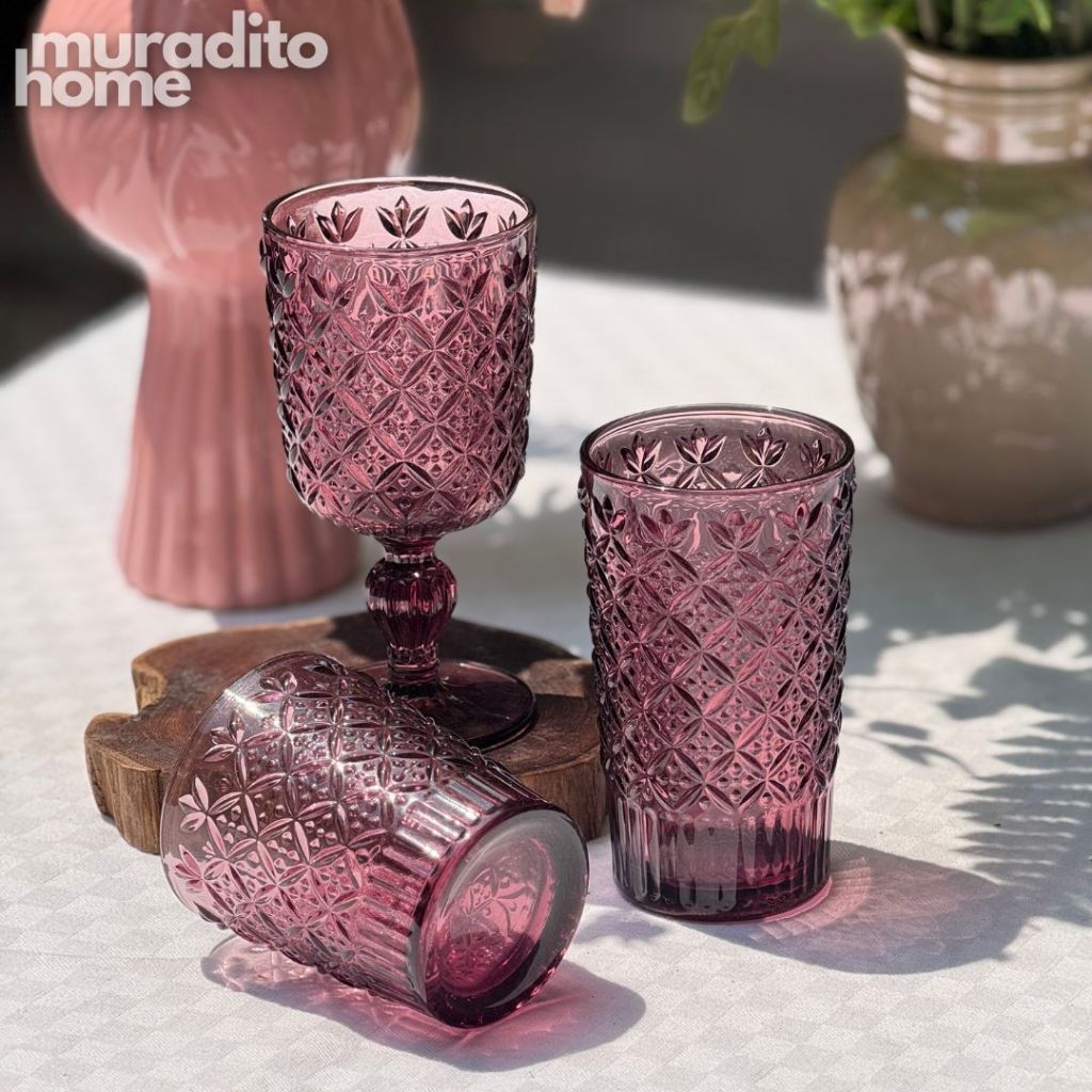 Muraditohome Jinora Plum Glassware Collection | Premium Vintage Embossed Floral Purple Glass