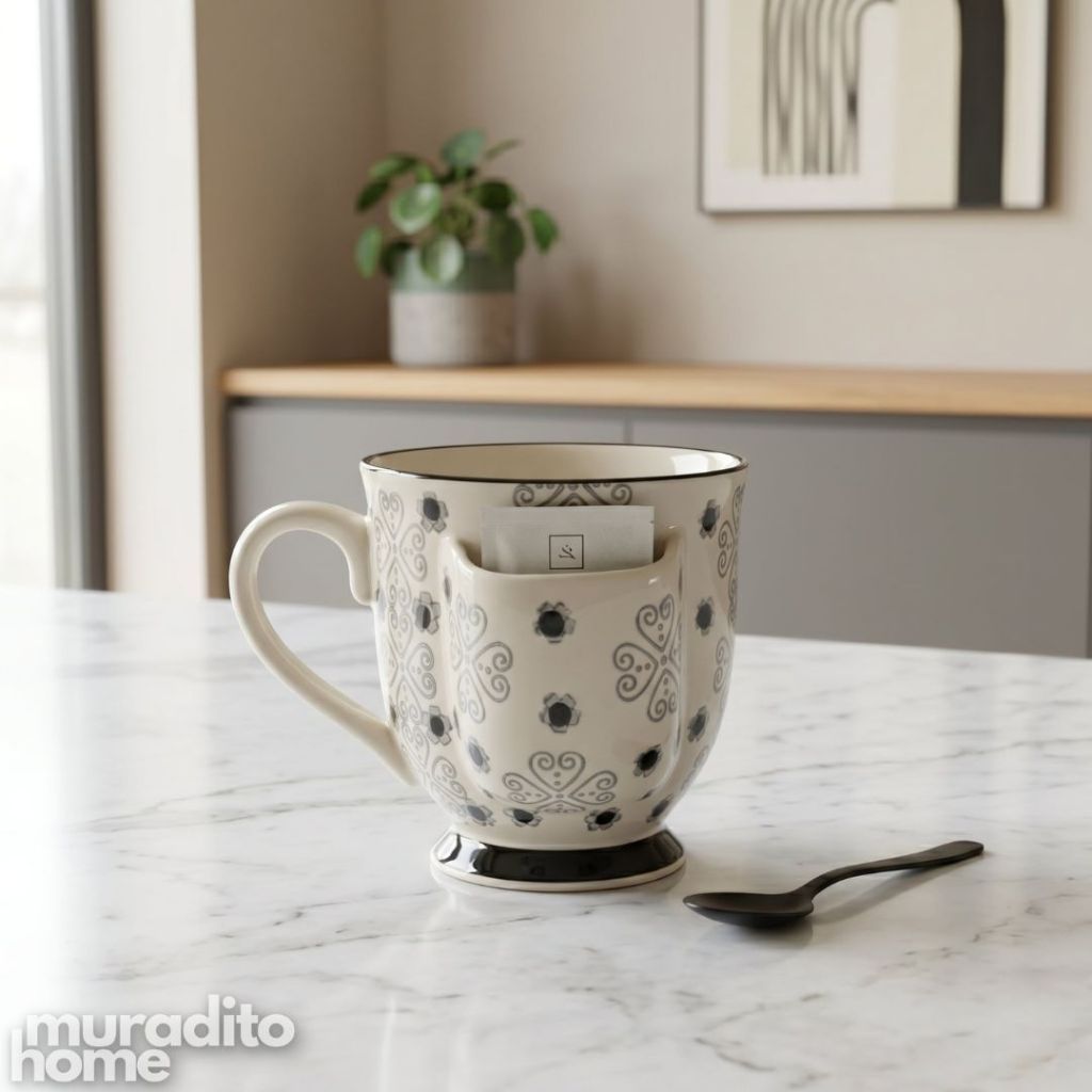 Muraditohome Aesthetic Hand-Stamped Stoneware Mug with Tea Bag Pocket 400ml