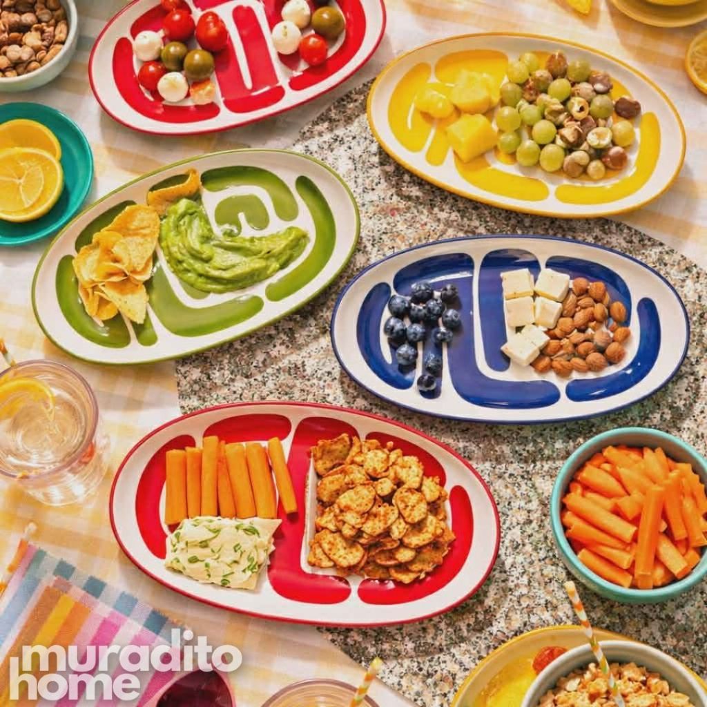 Muraditohome Boudoir Ceramic Deco Kitchenware Vibrant Abstract Cups, Serving Bowl & Oval Platter