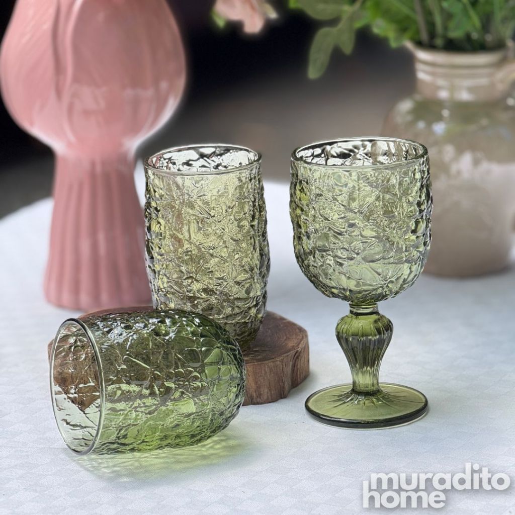 Muraditohome Azula Moss Glassware Collection | Premium Vintage Hammered Green Glass