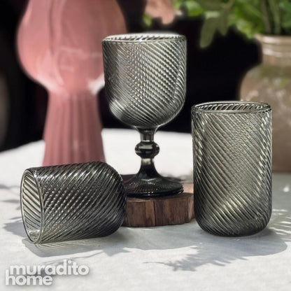 Muraditohome Venita Ash Glassware Collection | Premium Vintage Diagonal Swirl Smoke Grey Glass