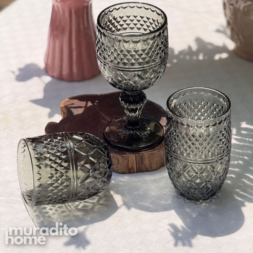 Muraditohome Kuyin Ash Glassware Collection | Premium Vintage Embossed Diamond Smoke Grey Glass