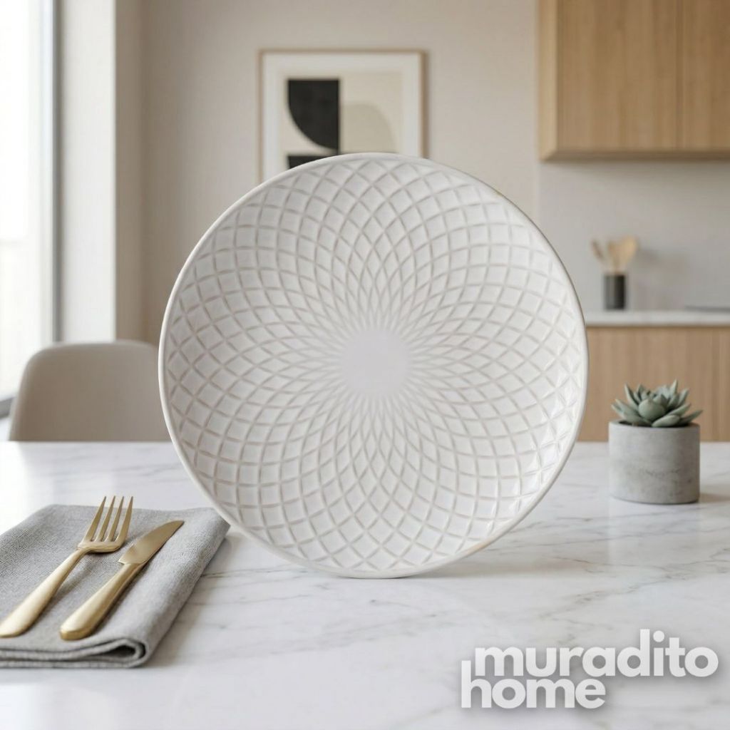 Muraditohome Aesthetic Embossed White Ceramic Dinnerware Collection