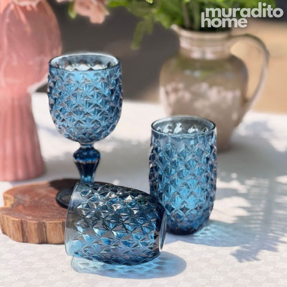 Muraditohome Neytiri Blue Glassware Collection | Premium Vintage Embossed Ocean Blue Glass