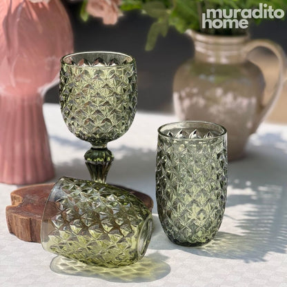 Muraditohome Neytiri Moss Glassware Collection | Premium Vintage Embossed Green Glass