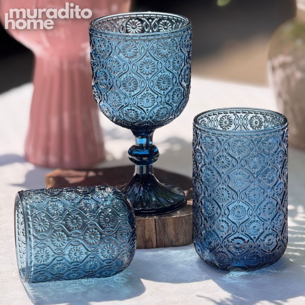 Muraditohome Sokka Blue Glassware Collection | Premium Vintage Floral Medallion Ocean Blue Glass
