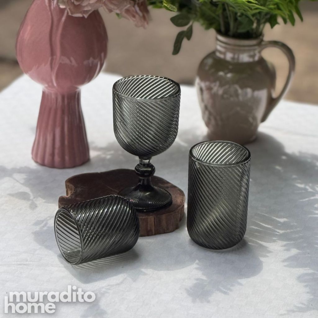Muraditohome Venita Ash Glassware Collection | Premium Vintage Diagonal Swirl Smoke Grey Glass