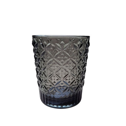 Muraditohome Jinora Ash Glassware Collection | Premium Vintage Embossed Floral Smoke Grey Glass