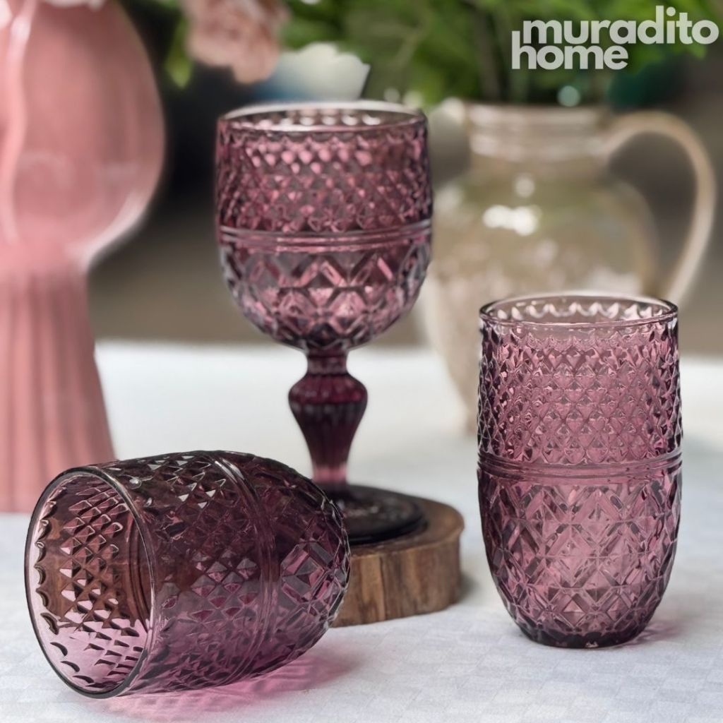 Muraditohome Kuyin Plum Glassware Collection | Premium Vintage Embossed Diamond Purple Glass