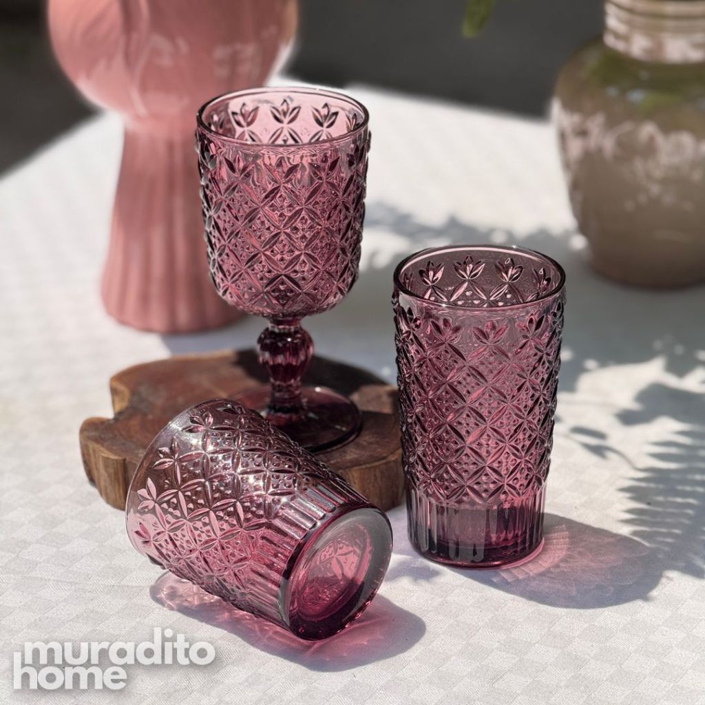 Muraditohome Jinora Plum Glassware Collection | Premium Vintage Embossed Floral Purple Glass