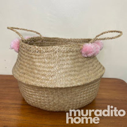 MURADITOHOME Pompom Seagrass Basket 13x14 inches