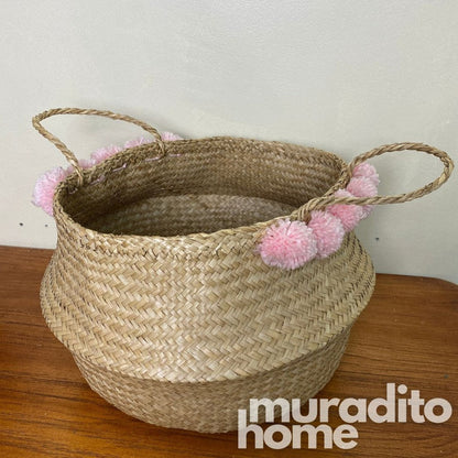 MURADITOHOME Pompom Seagrass Basket 13x14 inches