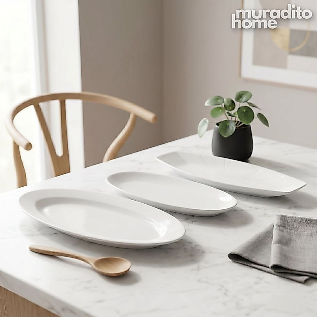 Muraditohome Premium Pure White Ceramic Oval & Wide Oval Serving Platter Elegant Dish Plate