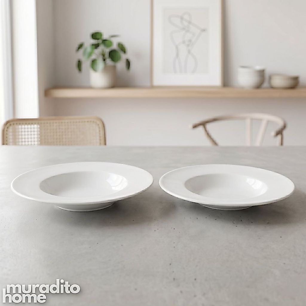 Muraditohome Premium Pure White Ceramic Pasta Plate | Wide Rim Deep Soup & Salad Bowl 10 & 10.25 in