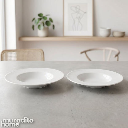 Muraditohome Premium Pure White Ceramic Pasta Plate | Wide Rim Deep Soup & Salad Bowl 10 & 10.25 in